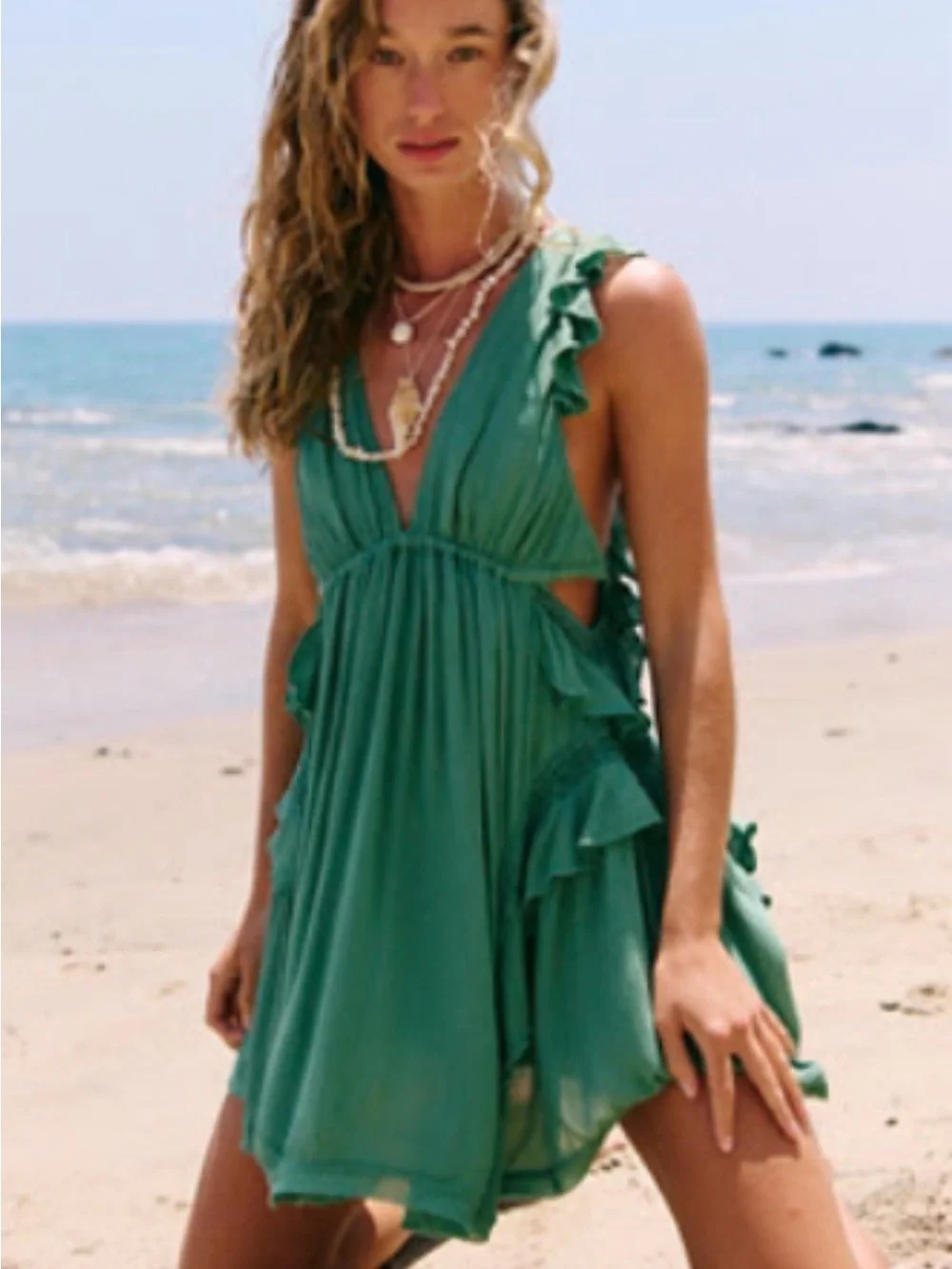 Free People Teal Green Ruffled Backless V-Neck Sundress - Picture 6 of 6